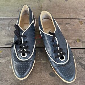 Valentino Garavani Navy Perforated Oxfords with Cream Trim